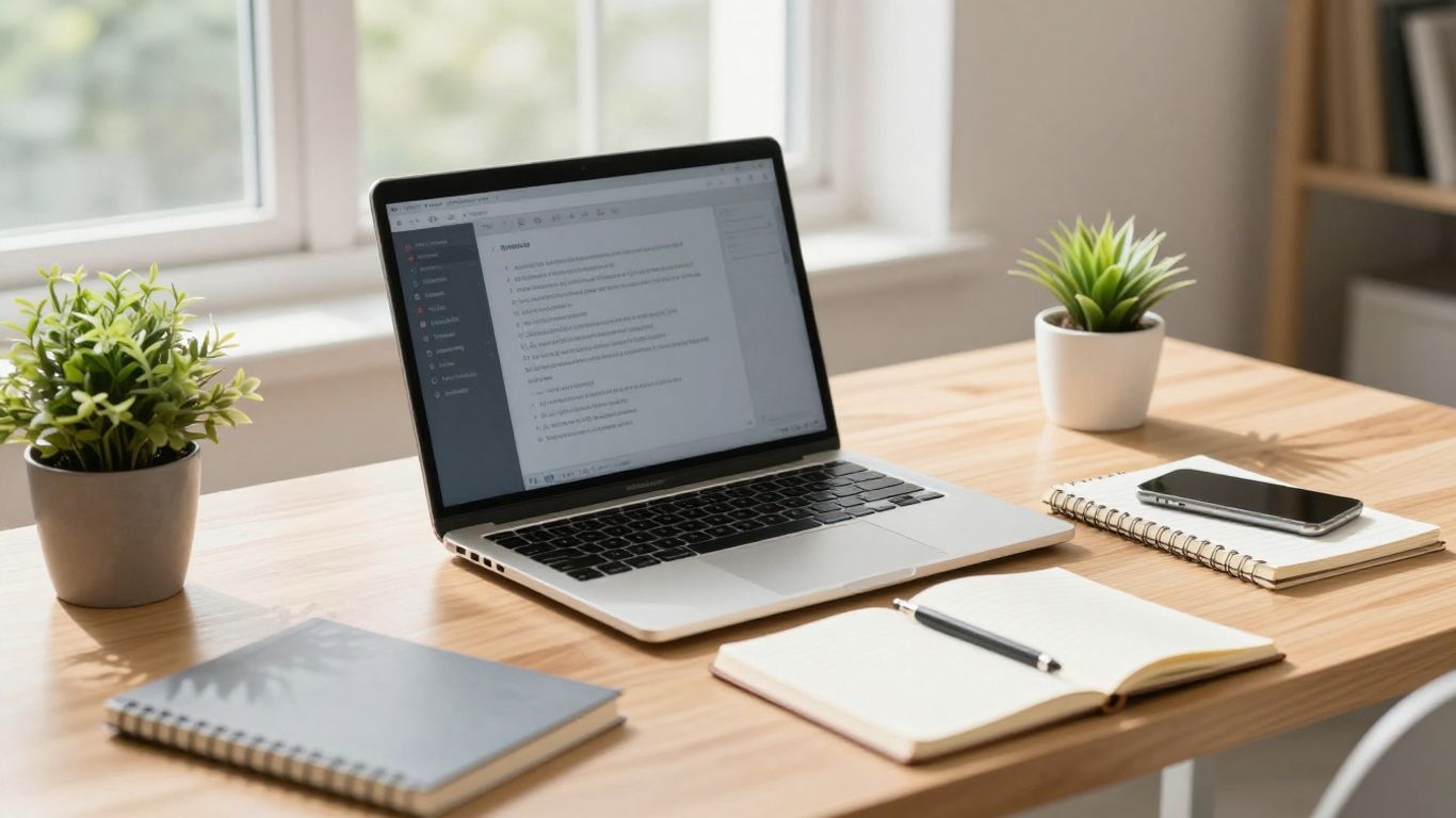 A clean, modern office desk with organized technology components