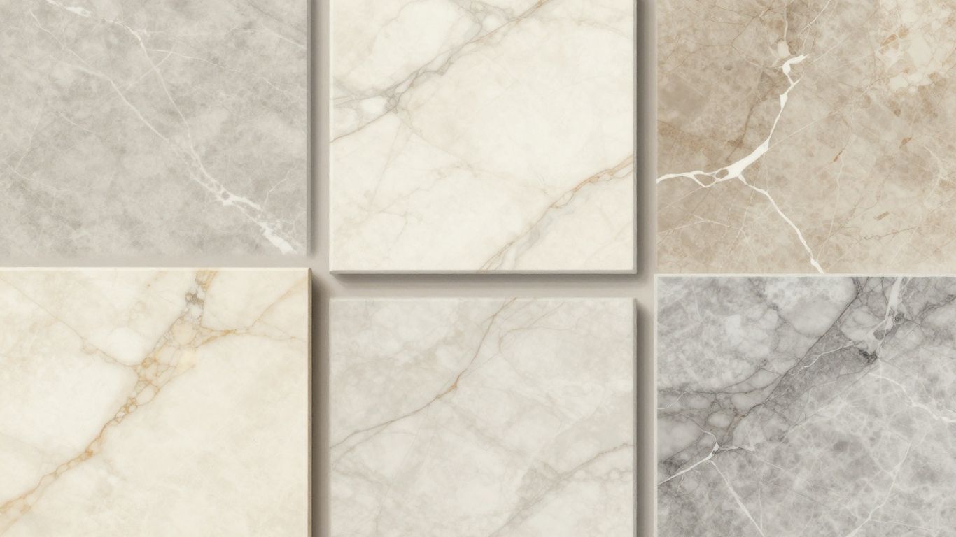Premium marble tile samples with varied veining.