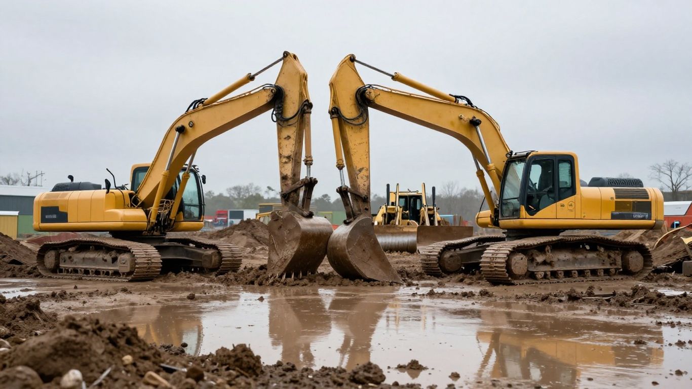 Excavator and bulldozer working on a muddy construction site.