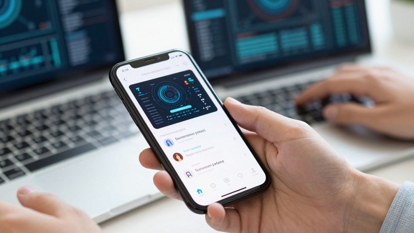 Hands interacting with complex software interfaces on devices.