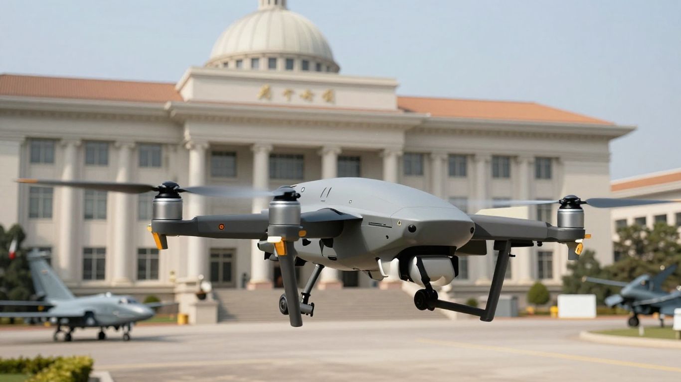 Advanced drone near government and military aircraft.
