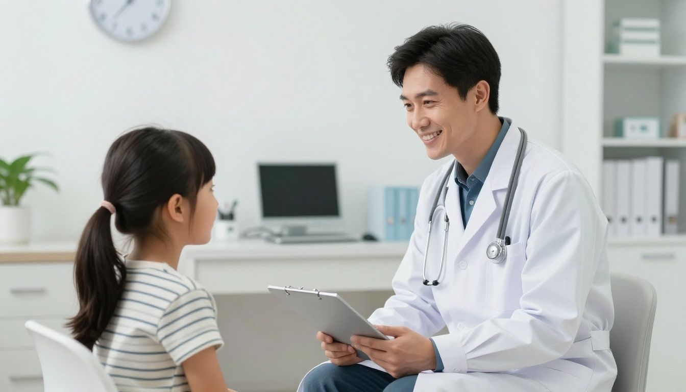 A friendly, photorealistic image of a pediatrician smiling while talking to a young child in a bright, clean medical office.