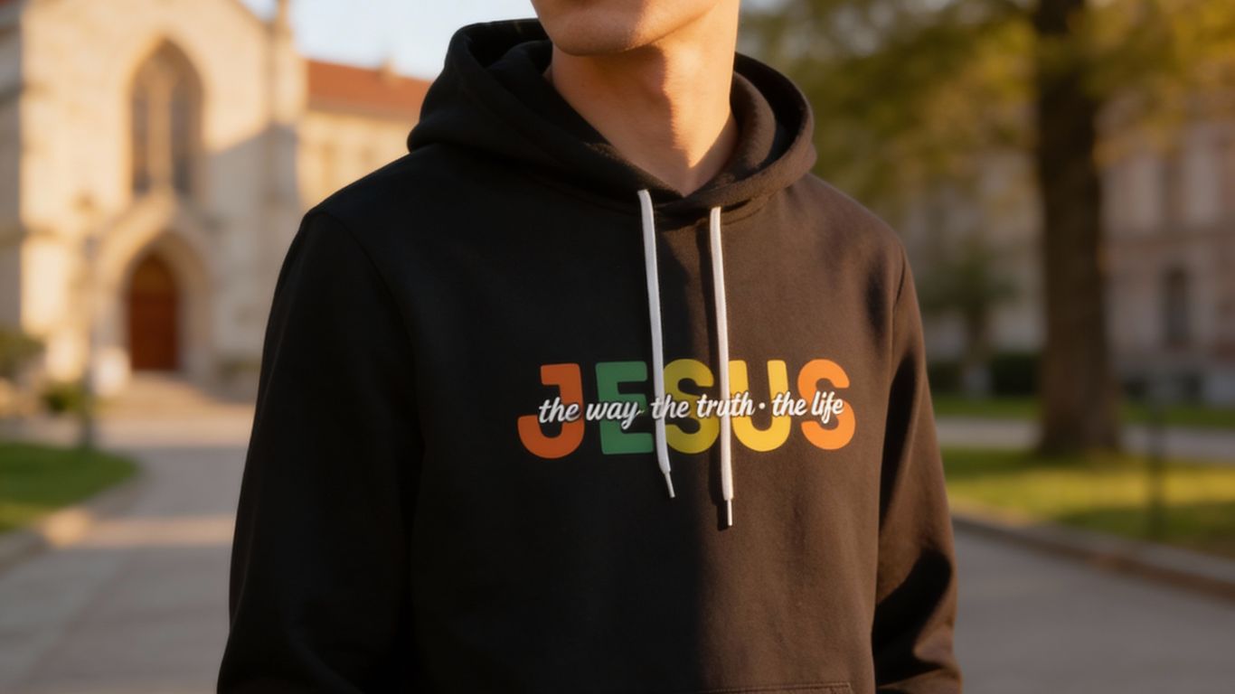 A person wears a black hoodie with 