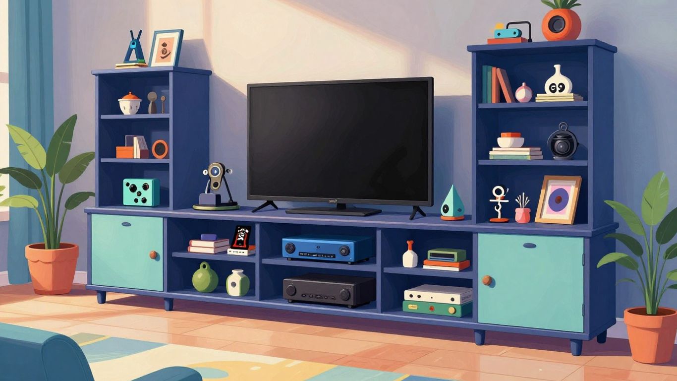 Modern entertainment center with storage and media.