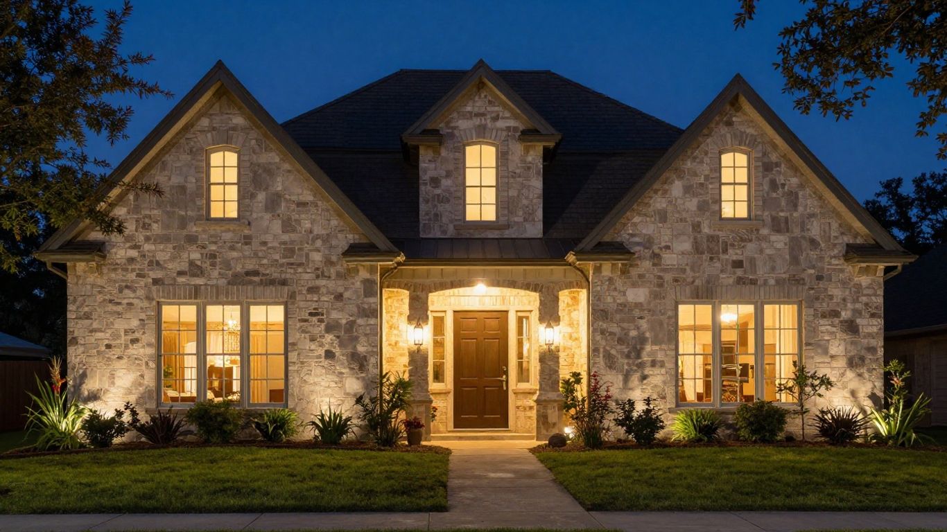 Home exterior with permanent outdoor lighting at night.