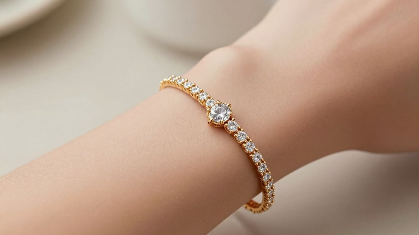 Gold diamond bracelet on a woman's wrist.