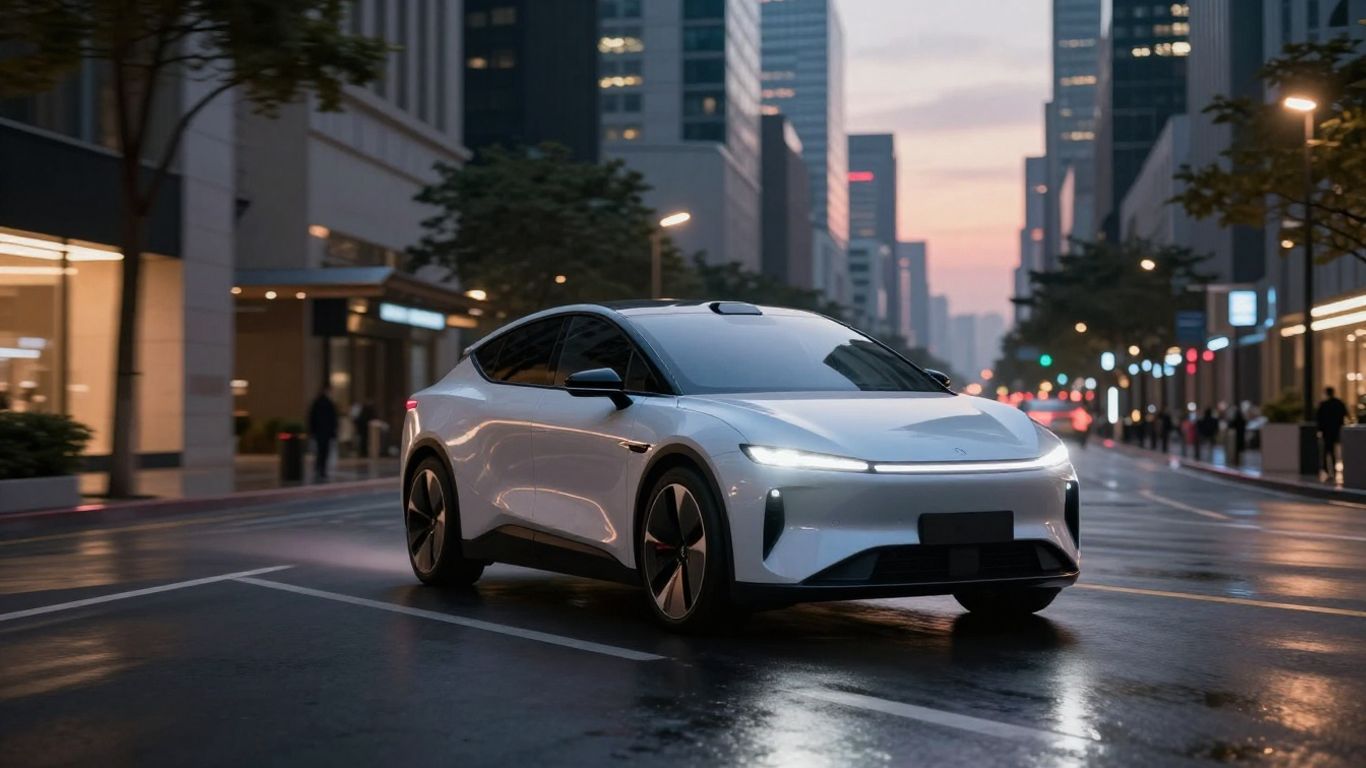 Autonomous vehicle driving on a city street at dusk.