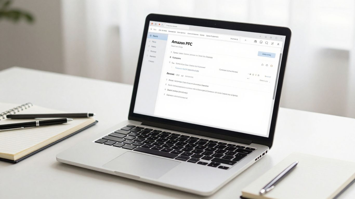 Amazon PPC campaign structure on a laptop screen.