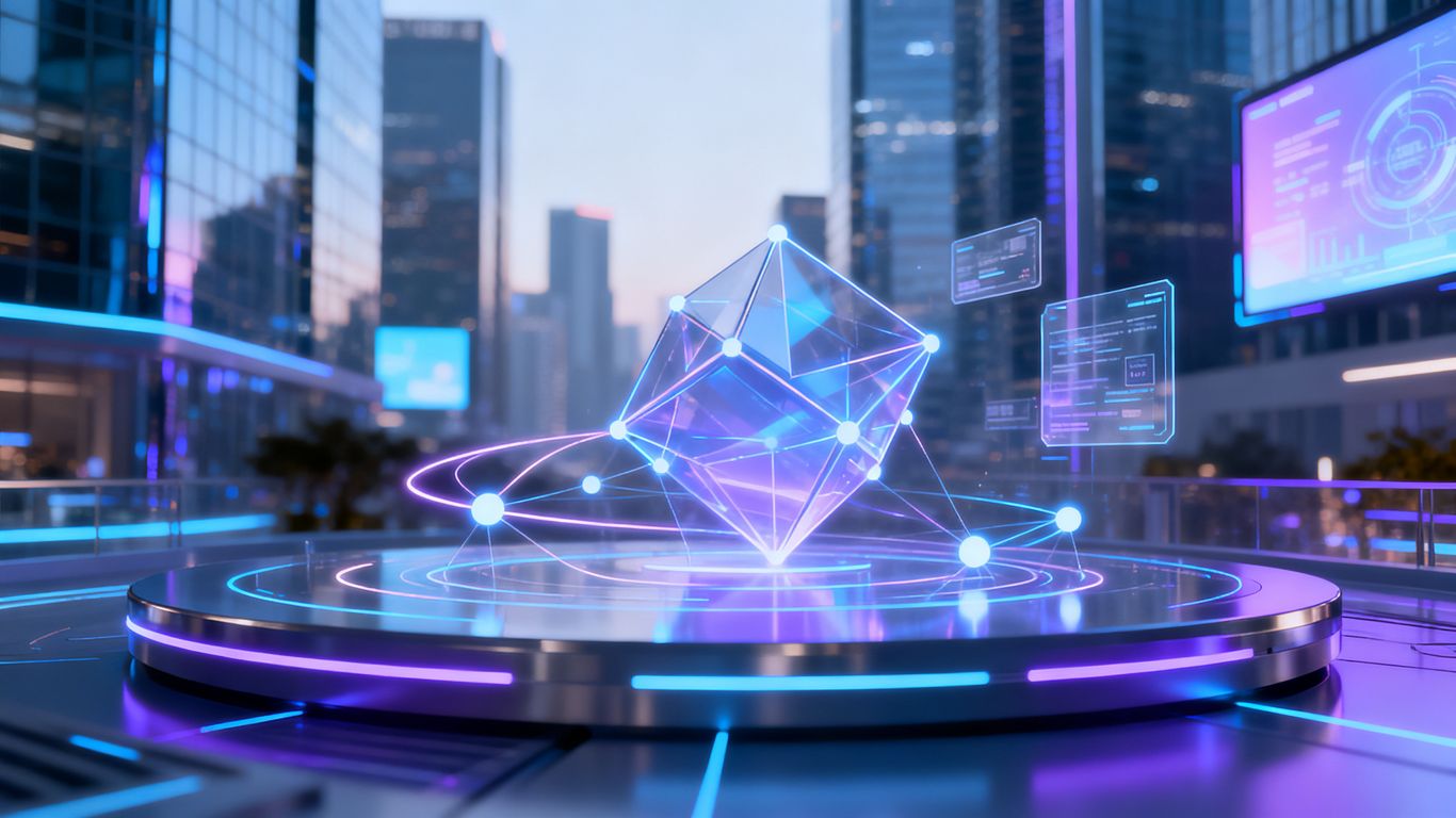 Modern digital platform interface with futuristic cityscape.