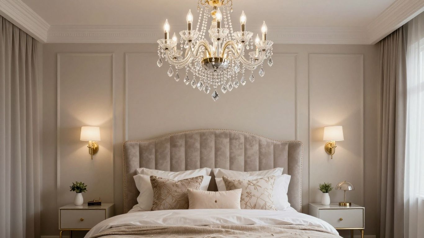 Bedroom chandelier illuminating a luxurious and elegant sleeping space.