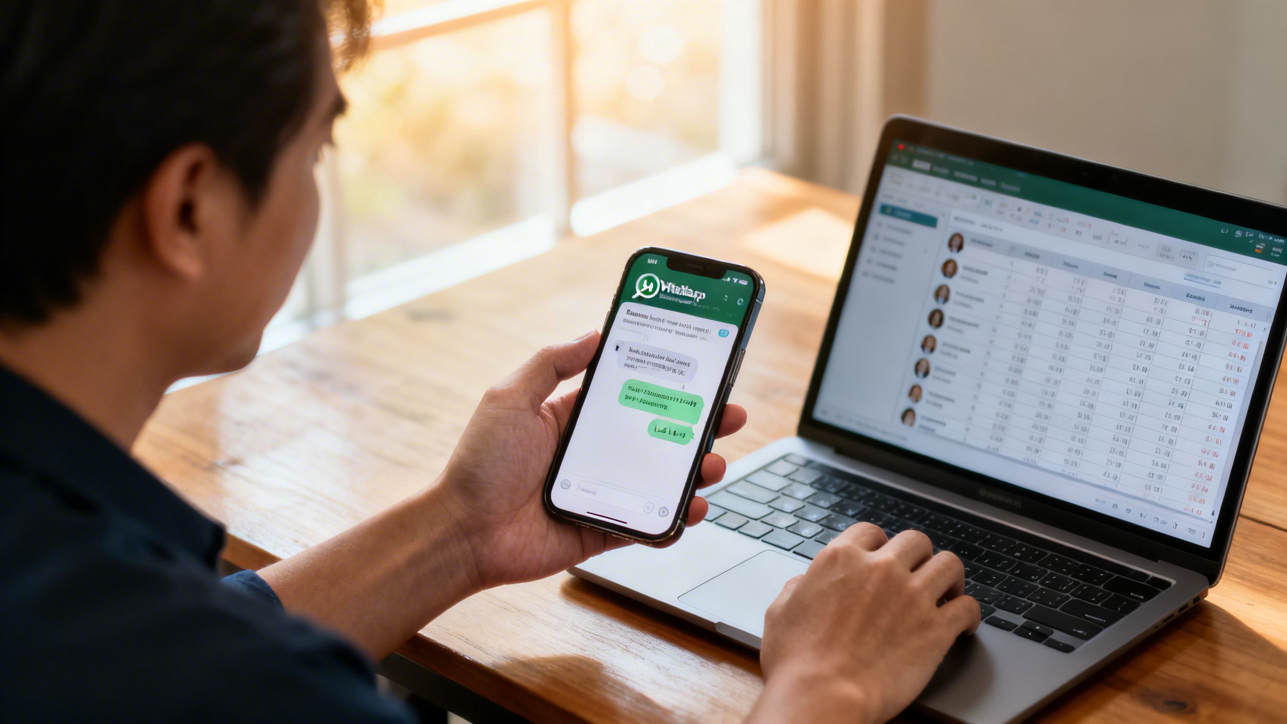 A small business owner looking at a phone and a laptop, symbolizing the management of WhatsApp and phone leads.