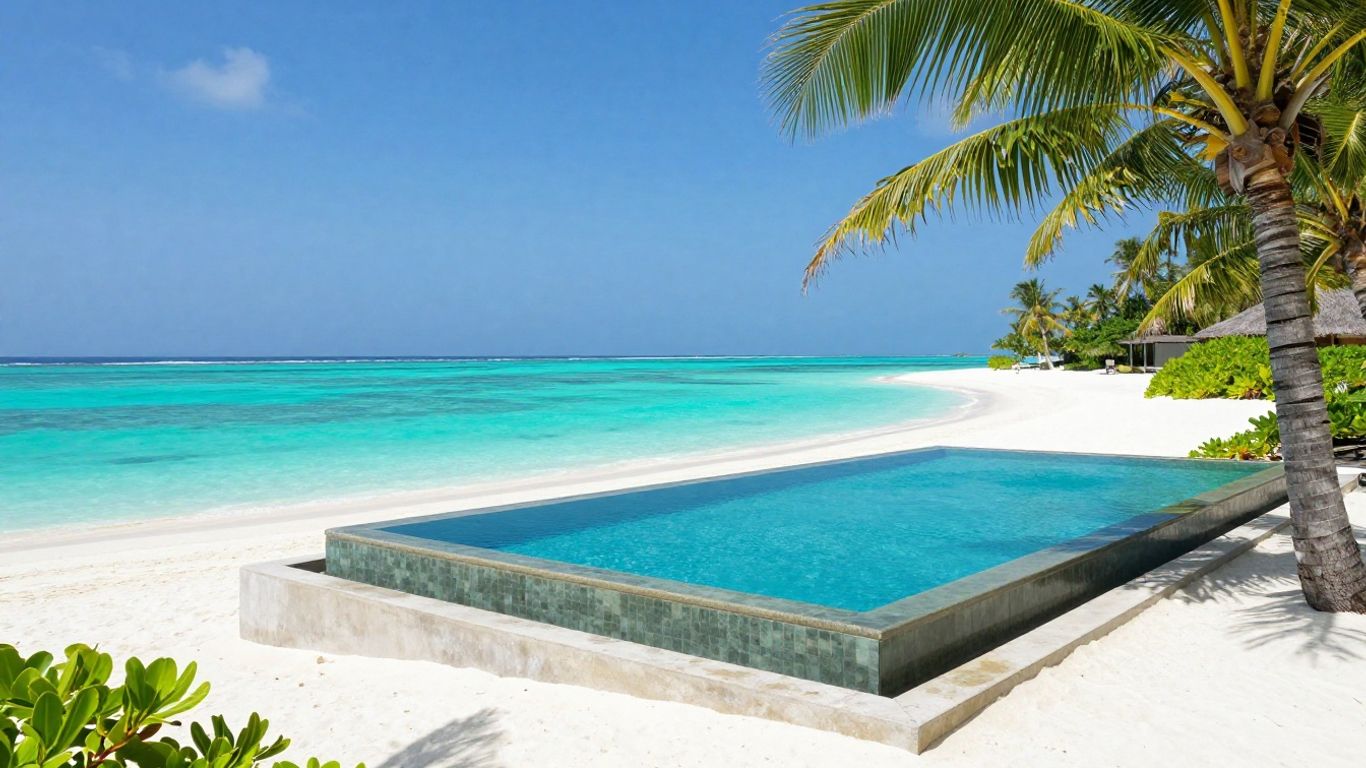 Maldives overwater bungalow with infinity pool and turquoise lagoon.