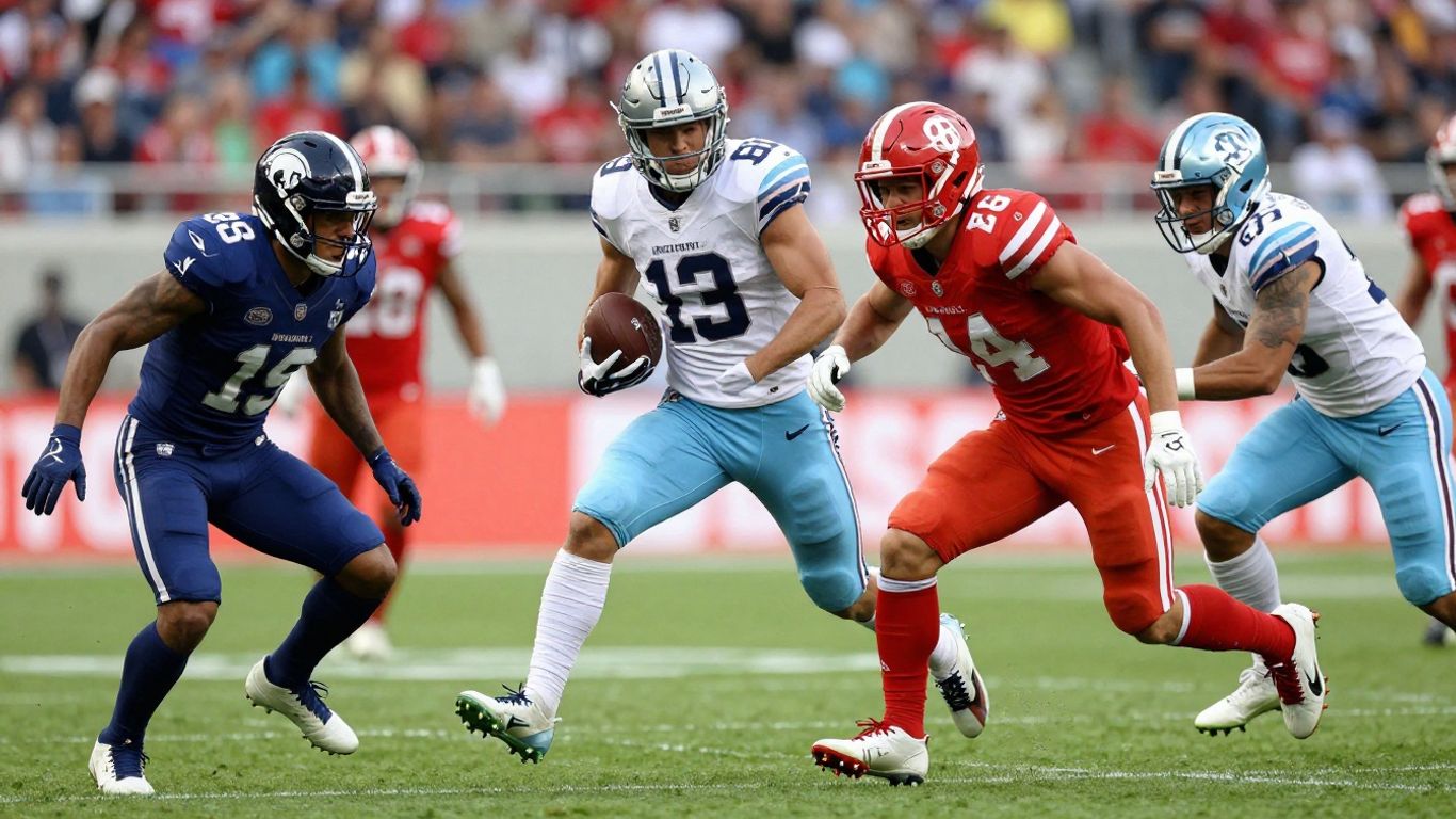 Football game action with players and stadium background.