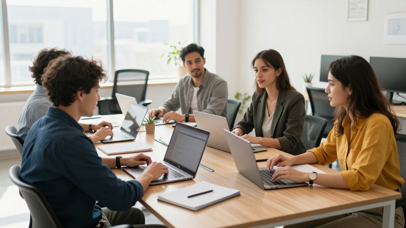 Team collaborating in a modern office with sunlight.