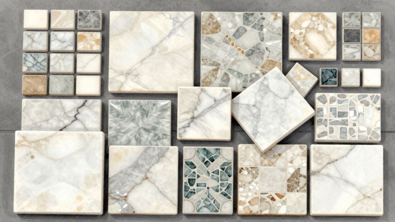 Marble mosaic tiles in various patterns and colors.