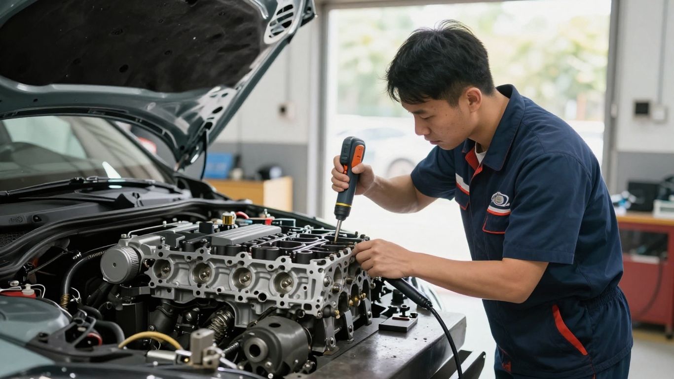 Professional technician inspecting salvaged luxury vehicle components