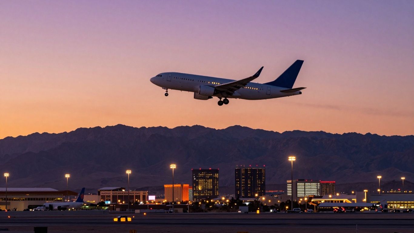 Airplane arriving over Las Vegas at dusk
