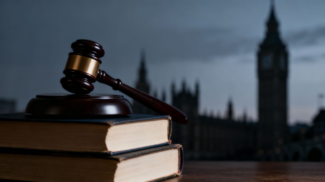 UK Parliament building with a gavel and law books.