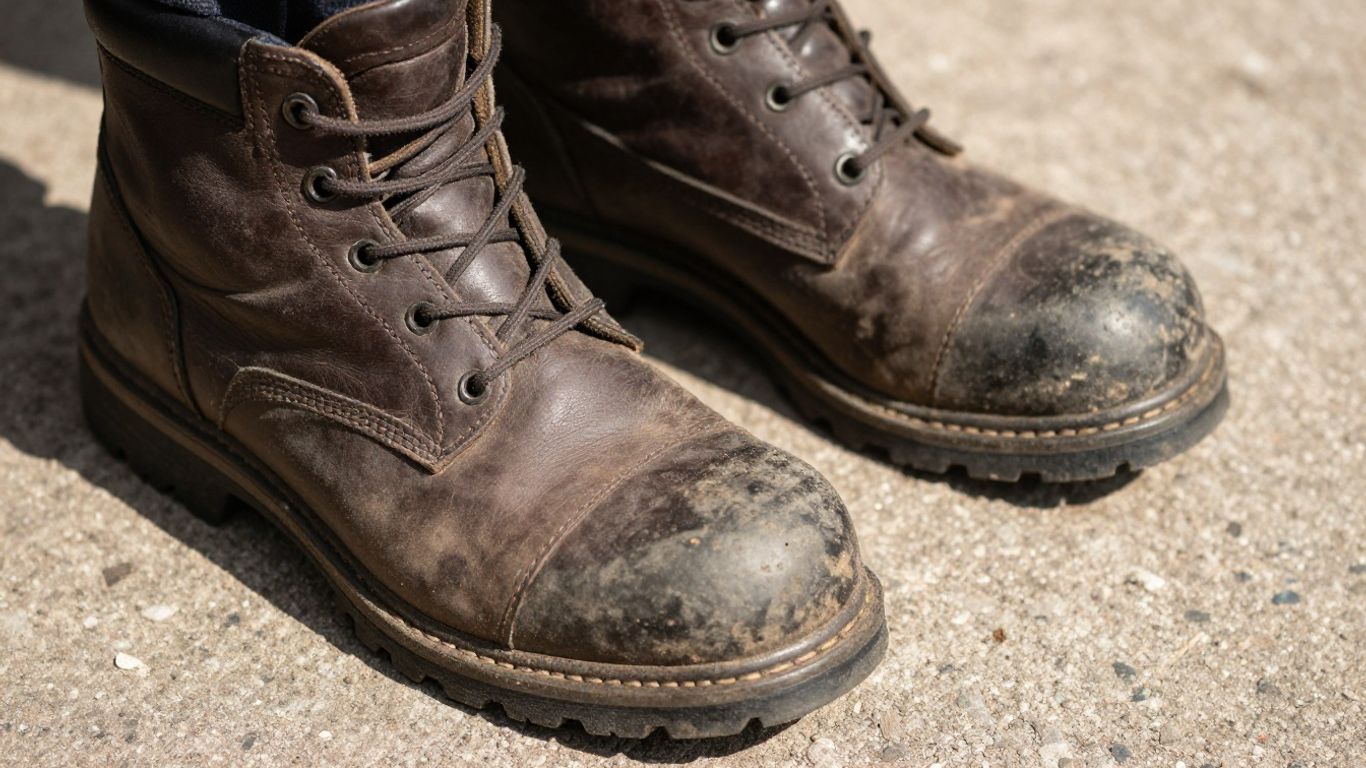 Close-up of worn composite toe work boots.