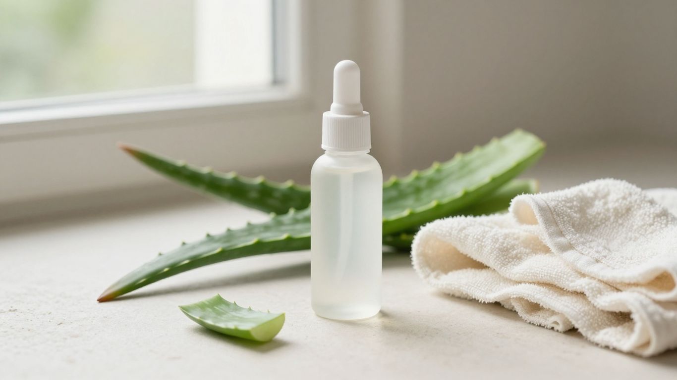 Botanical aloe gel beside folded towels