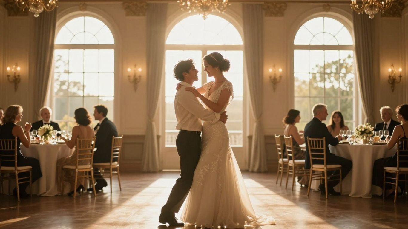 A couple dancing in a cinematic wedding scene