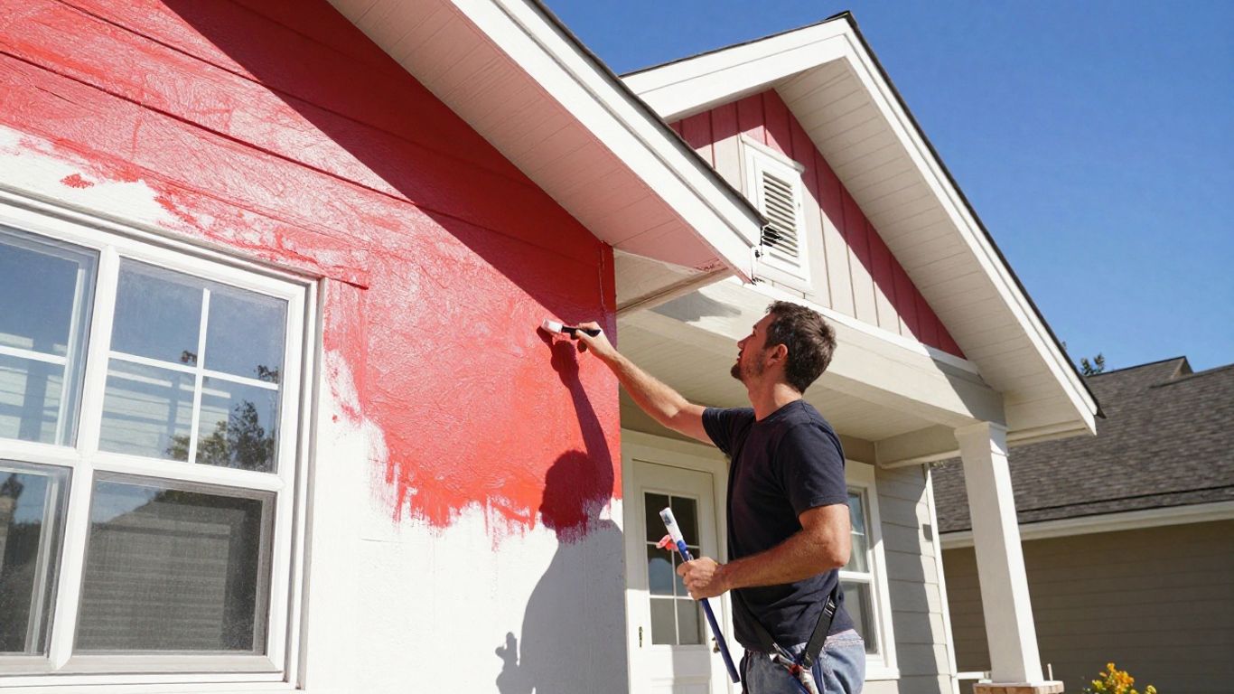 Painter [Marcuus Hood] painting a house exterior.