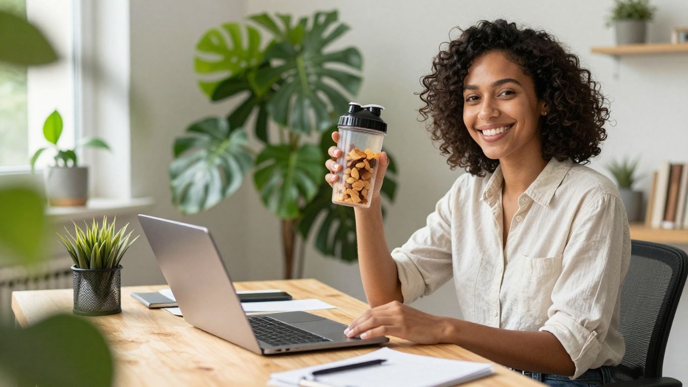 Person smiling in home office with Herbalife products.