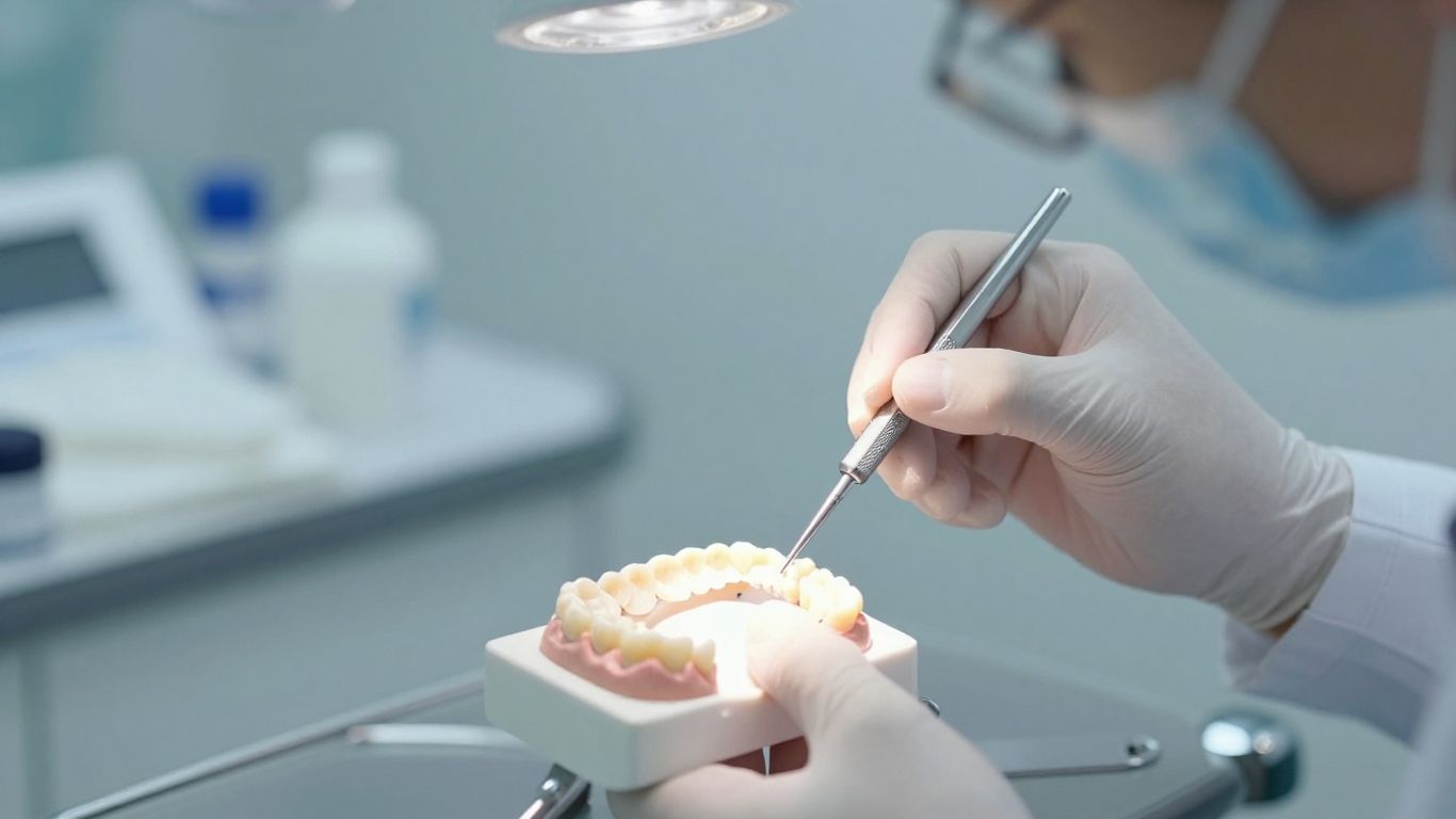 A skilled dentist sculpting thin porcelain veneer structures.