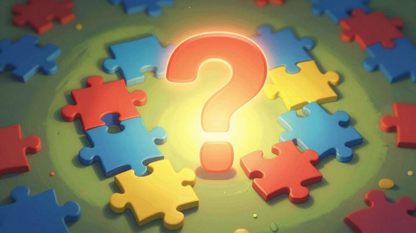 Colorful puzzle pieces forming a question mark, glowing with light.