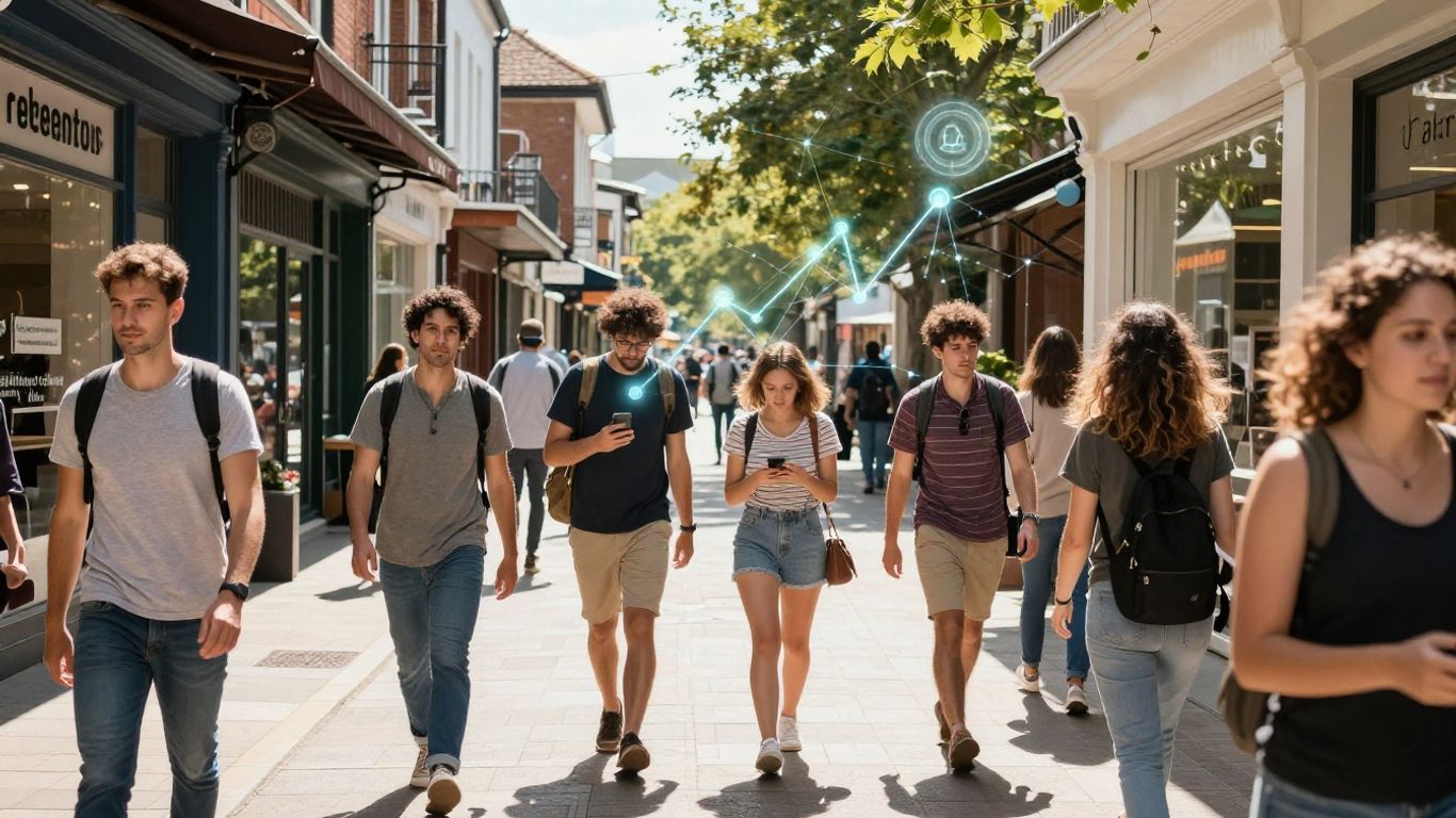Pessoas em rua movimentada com lojas locais e conexões digitais.