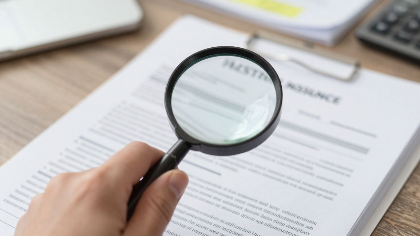 Manos revisando pólizas de seguro con lupa.