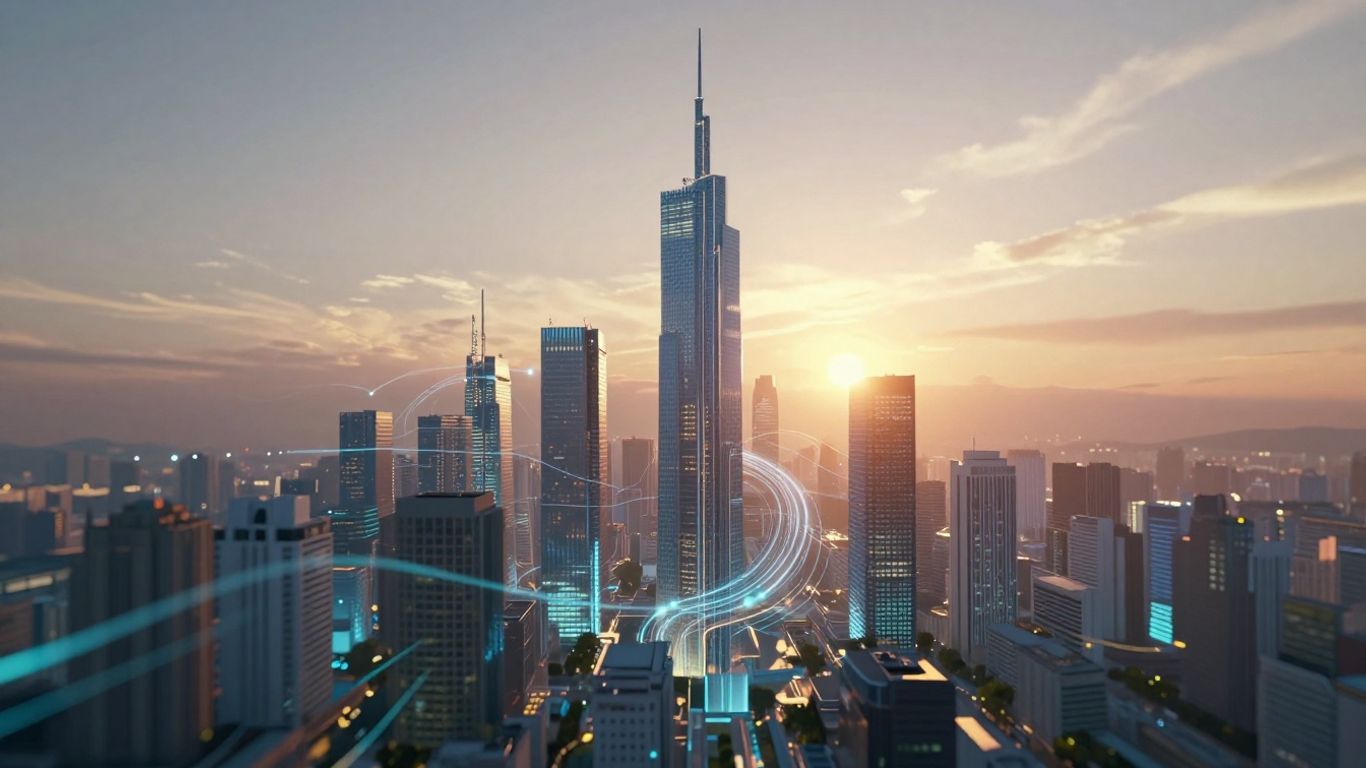 Futuristic cityscape with glowing digital streams at dawn.