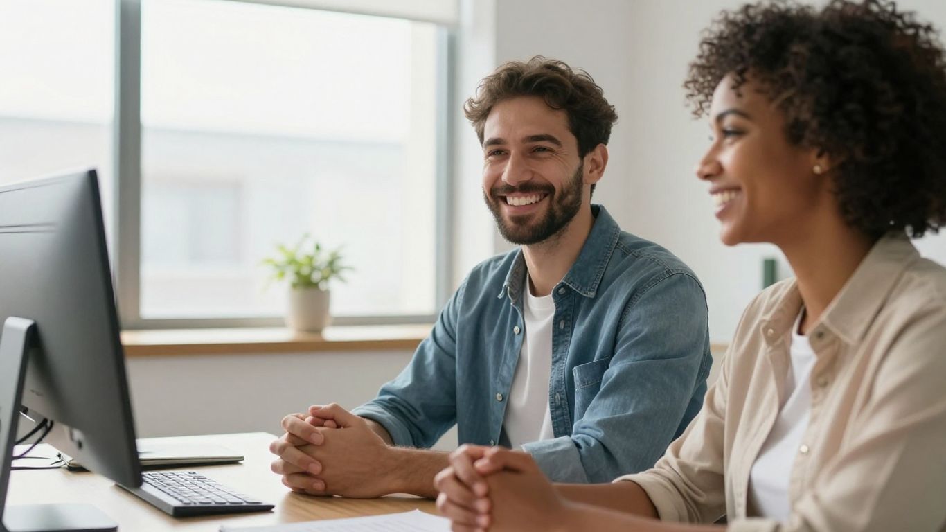 Couple holding hands, looking hopeful in an office.