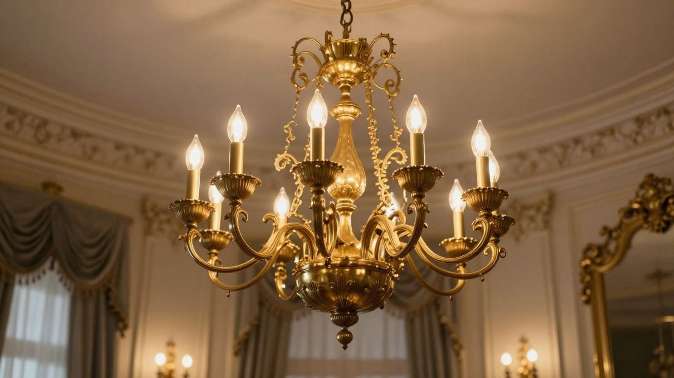 Elegant brass chandelier illuminating a luxurious room.