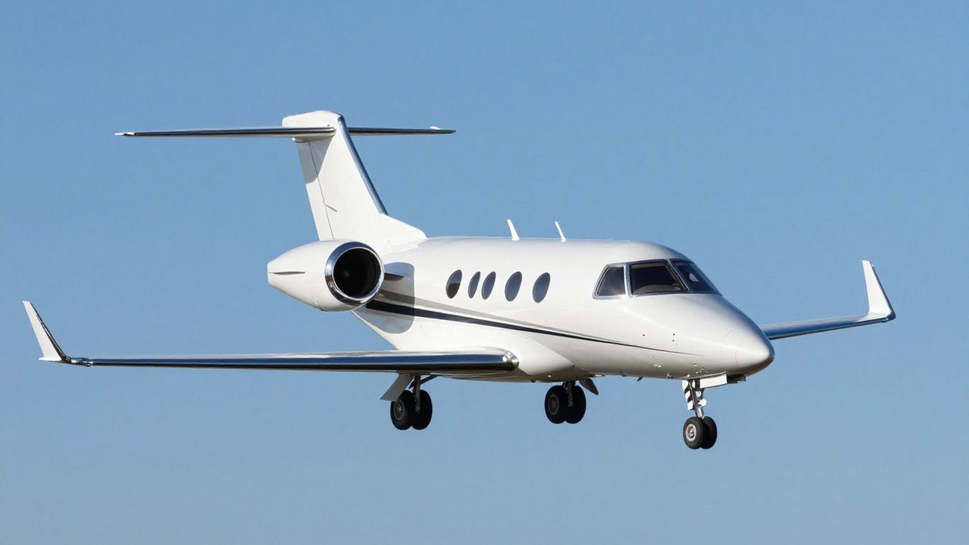 Small private jet flying in a blue sky