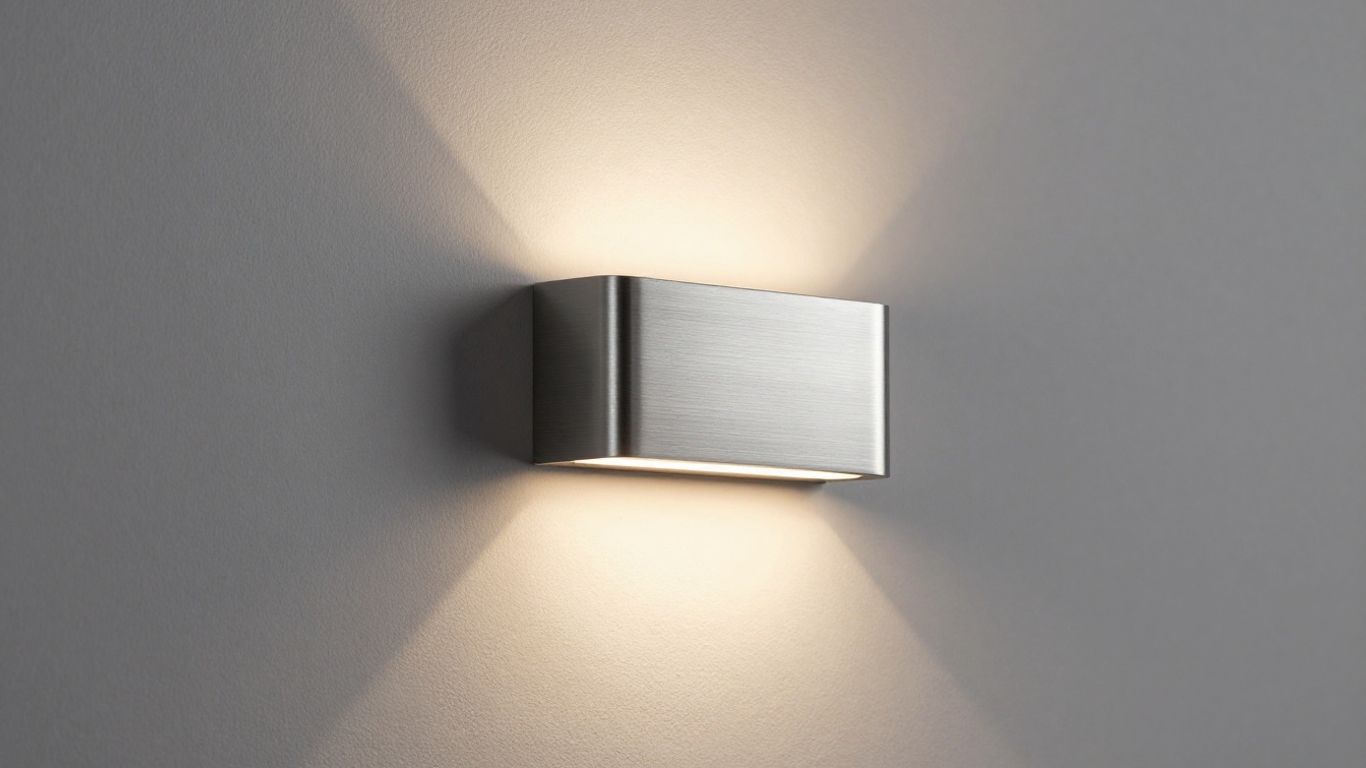 Brushed steel wall light in a modern living room.