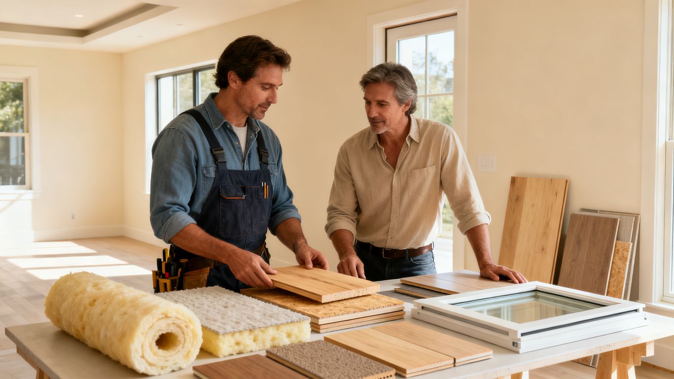 Renovation team reviewing sustainable material samples