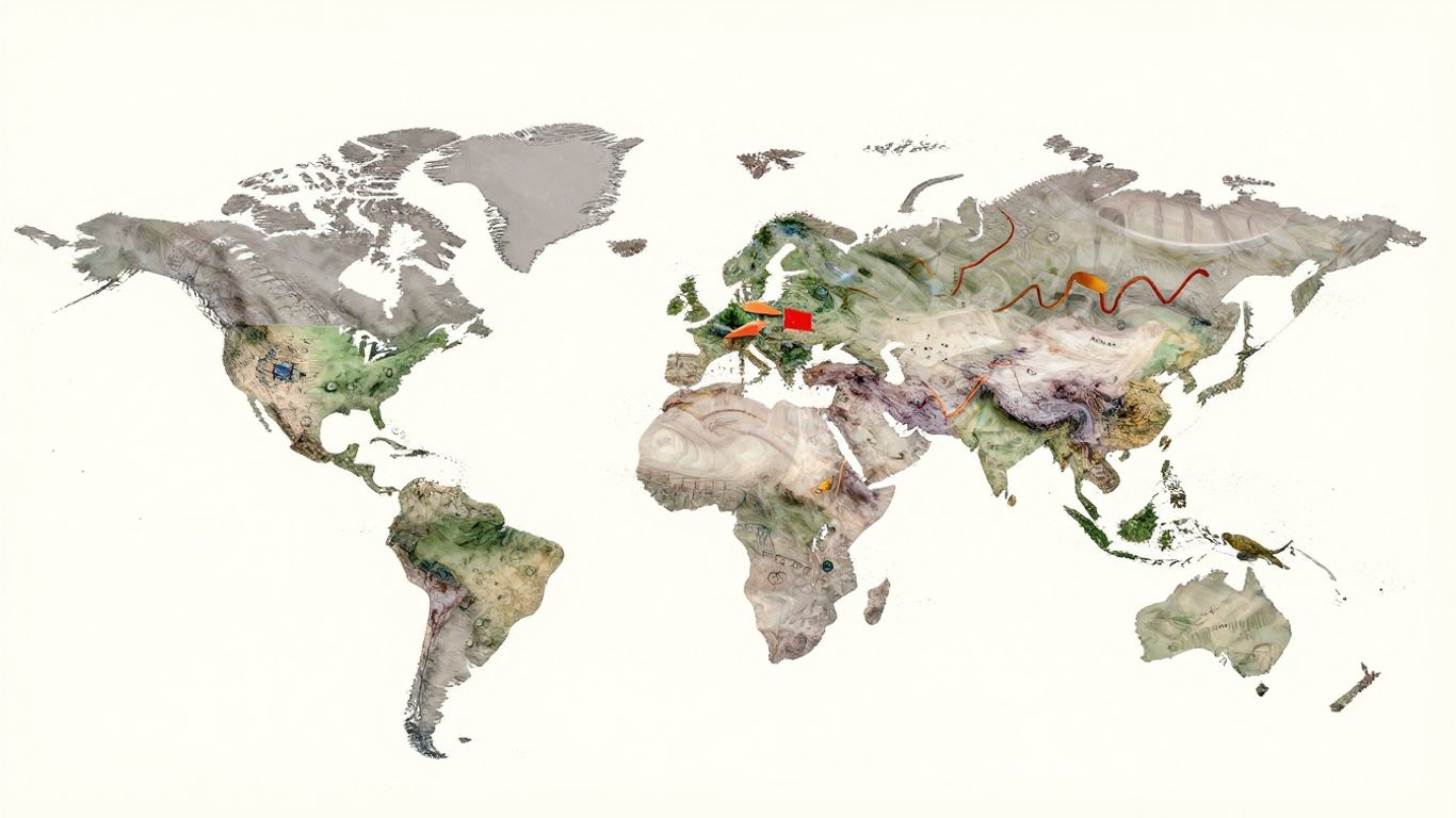 Interconnected global marketplaces with abstract growth and convergence patterns.