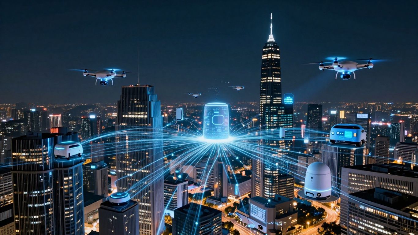 Connected devices and futuristic cityscape illustrating the Internet of Things.