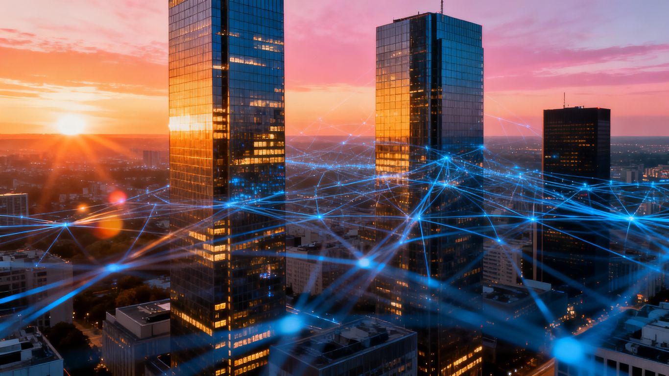 Modern cityscape with glowing digital network lines.