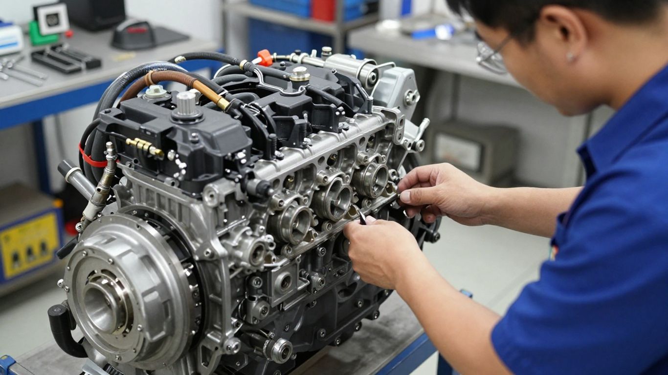 Technician testing engine in clean workshop