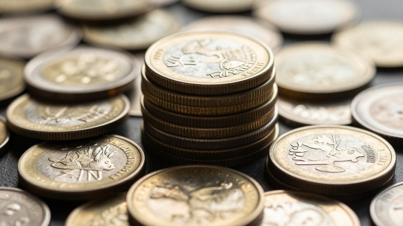Stack of gold and silver coins with detailed surfaces.