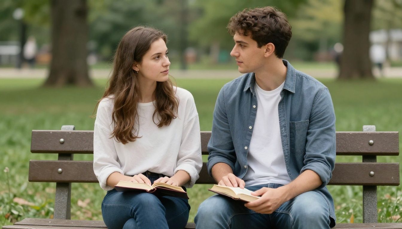 A thoughtful young couple sitting on a park bench, talking sincerely and looking at a Bible together, with soft, natural light.