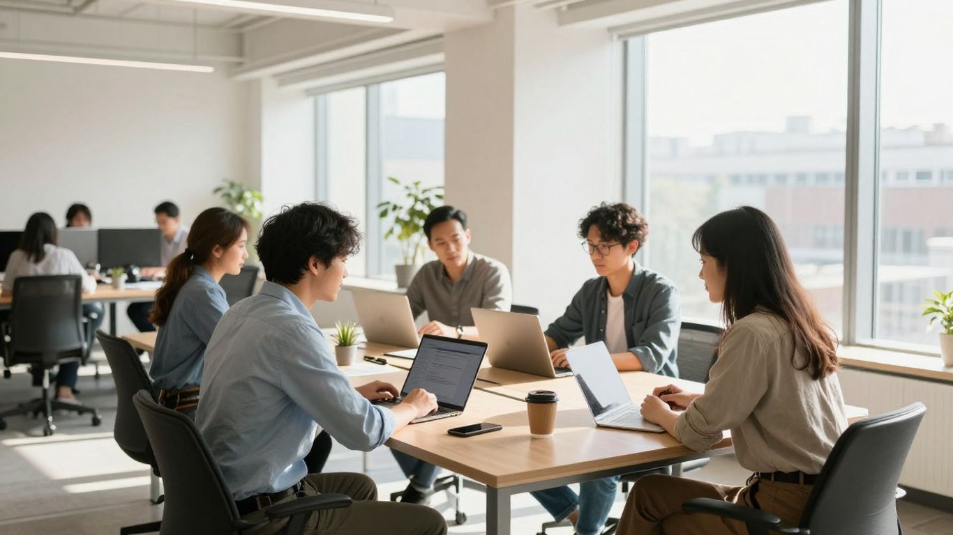 Ludzie pracujący w nowoczesnym biurze, promujący firmę.