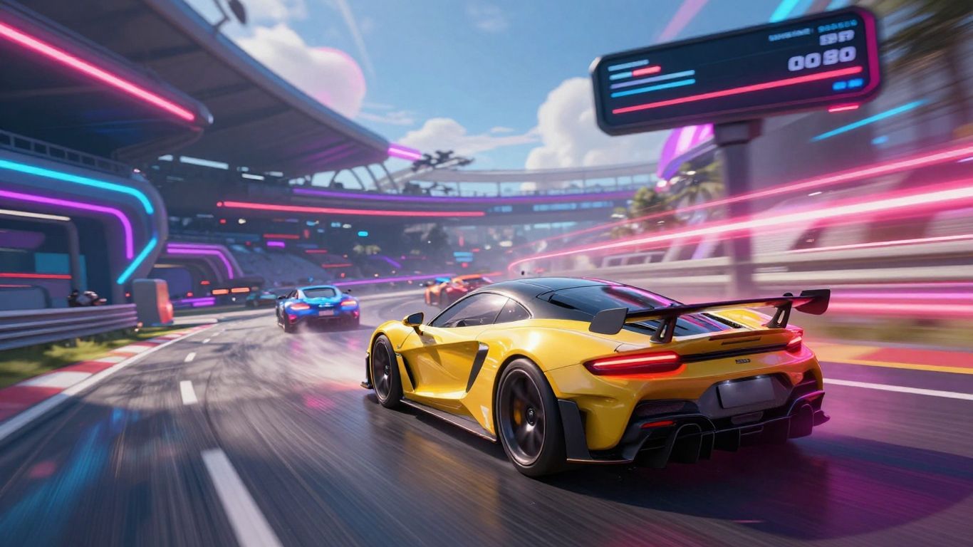 Online car racing game with sleek sports cars and neon tracks.