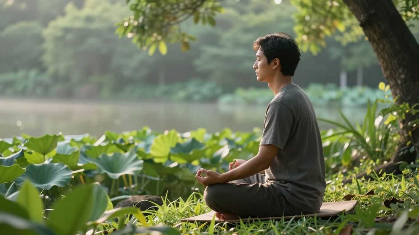 Person meditating peacefully in a serene natural setting.