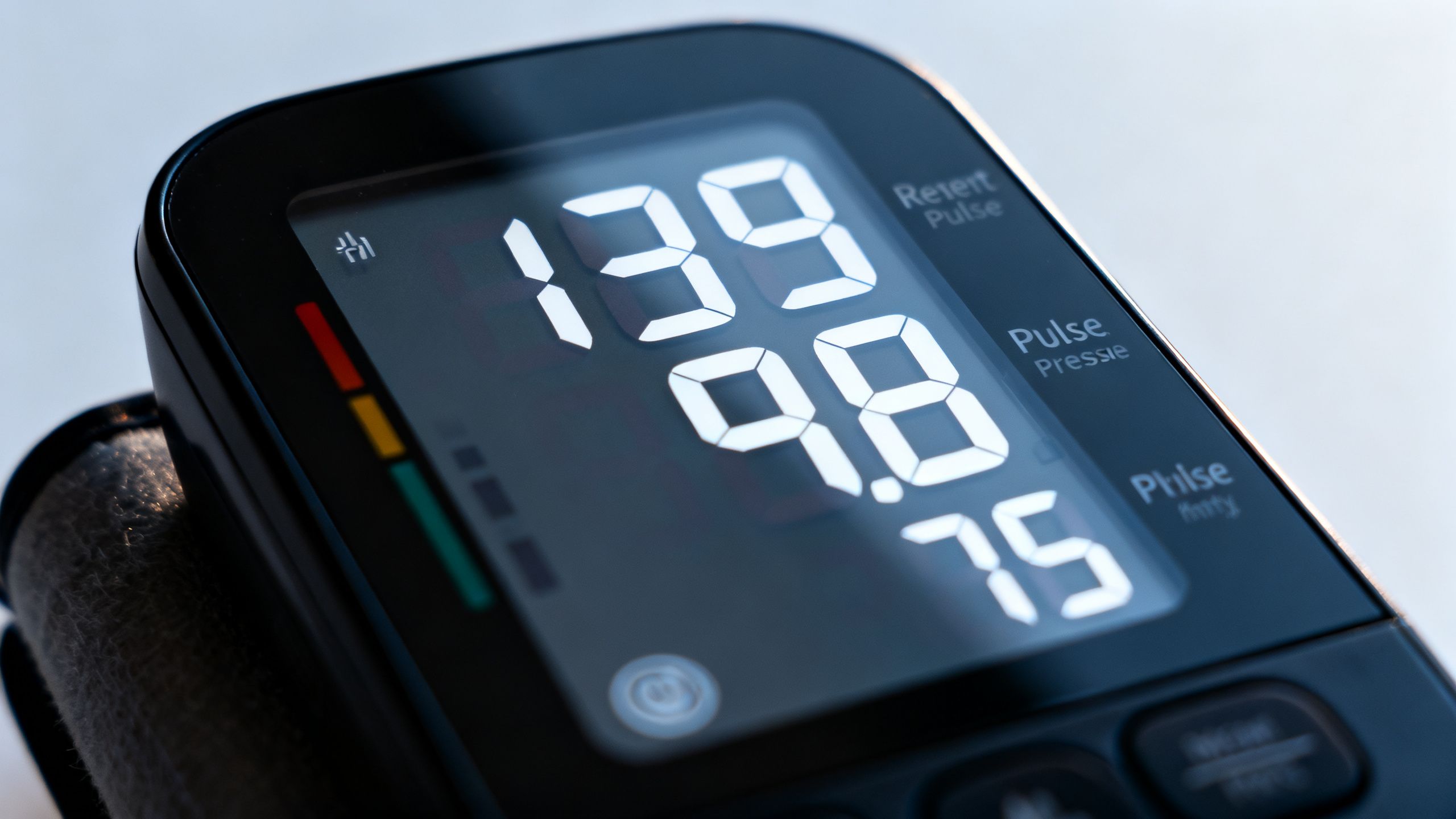 Close-up of a digital blood pressure monitor screen showing resting pulse and pressure readings.
