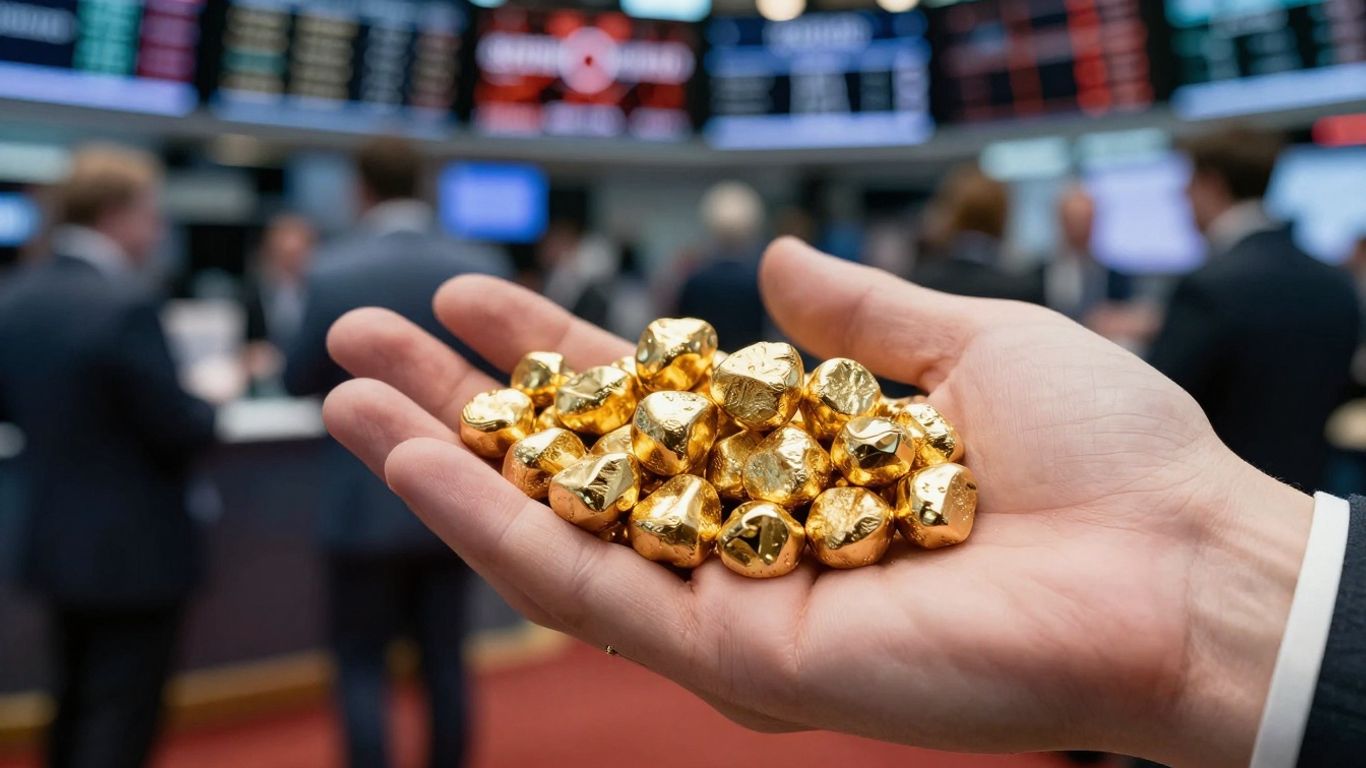 一只金手在股市前捧着金块。