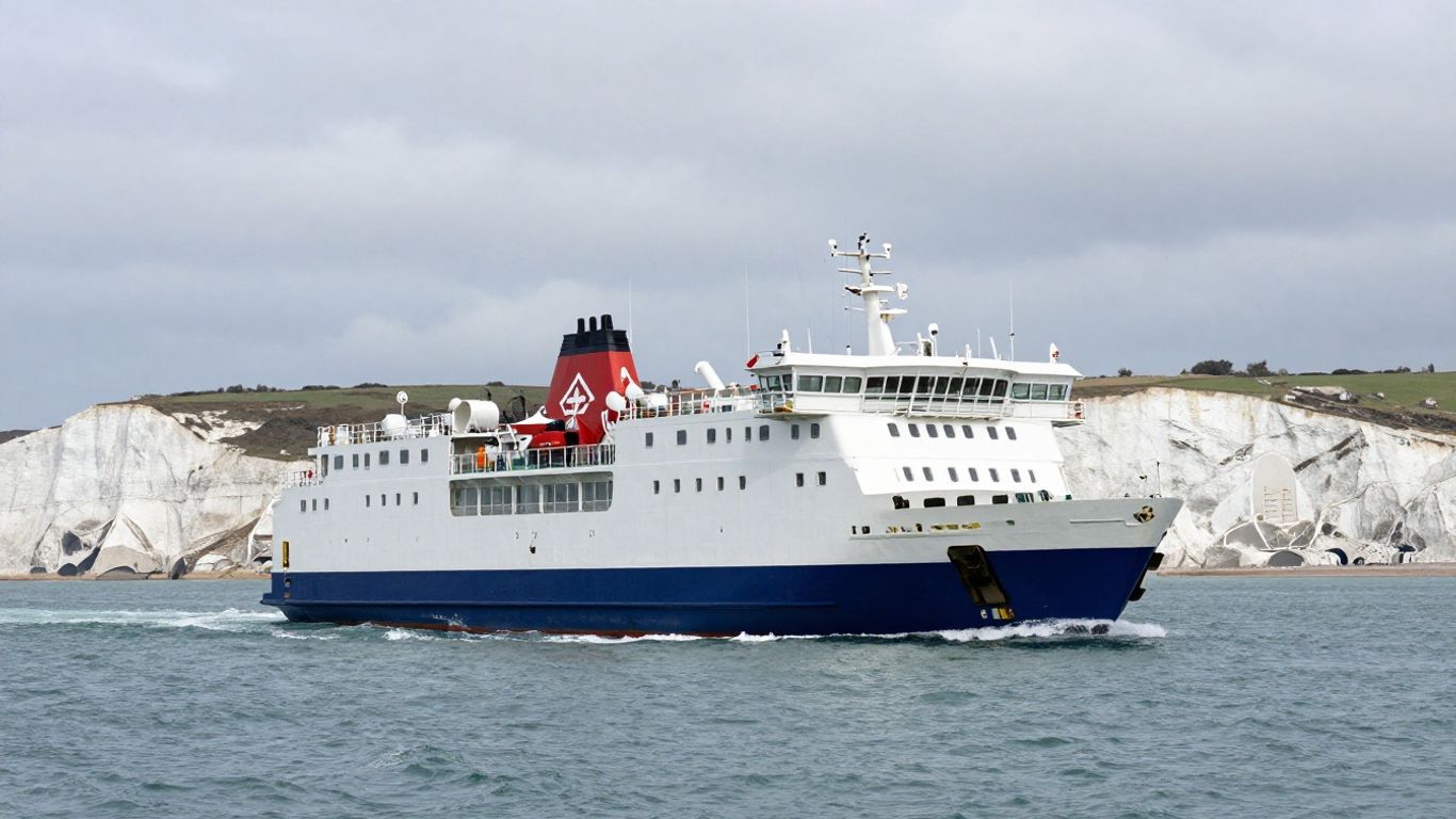 Ferry crossing the English Channel towards Dover cliffs.