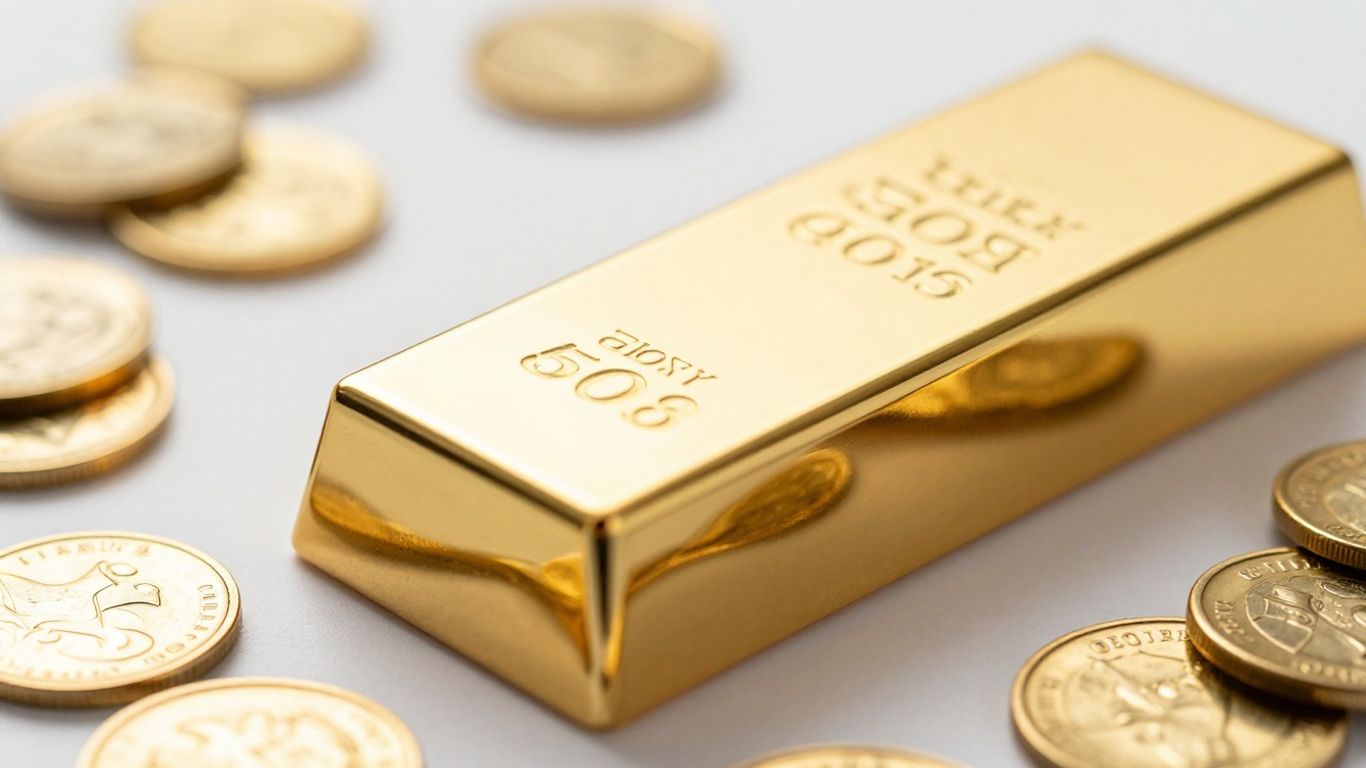 Lingotto d'oro lucido con monete d'oro sparse.
